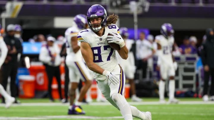 Dec 24, 2023; Minneapolis, Minnesota, USA; Minnesota Vikings tight end T.J. Hockenson (87) warms up before the game against the Detroit Lions at U.S. Bank Stadium. Mandatory Credit: Matt Krohn-USA TODAY Sports