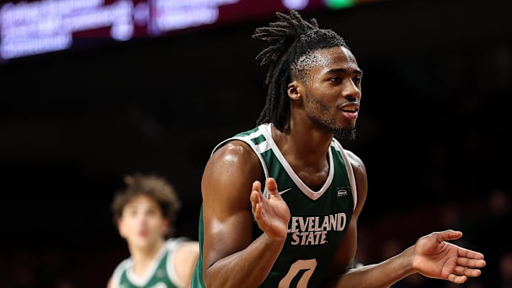 Nov 19, 2024; Minneapolis, Minnesota, USA; Cleveland State Vikings guard Tevin Smith (0) reacts during the second half against the Minnesota Golden Gophers at Williams Arena. Mandatory Credit: Matt Krohn-Imagn Images