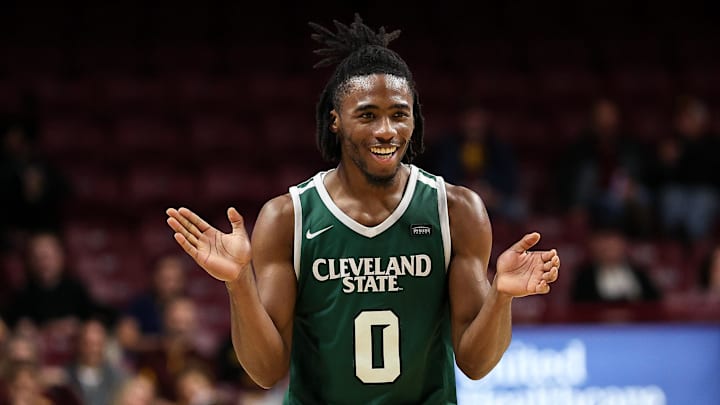 Nov 19, 2024; Minneapolis, Minnesota, USA; Cleveland State Vikings guard Tevin Smith (0) reacts during the second half against the Minnesota Golden Gophers at Williams Arena. Mandatory Credit: Matt Krohn-Imagn Images