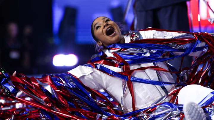 Jun 30, 2024; Minneapolis, Minnesota, USA; Jordan Chiles reacts after being selected for the 2024 U.S. Olympic Women's gymnastics team during the U.S. Olympic Team Gymnastics Trials at Target Center. Mandatory Credit: Matt Krohn-USA TODAY Sports