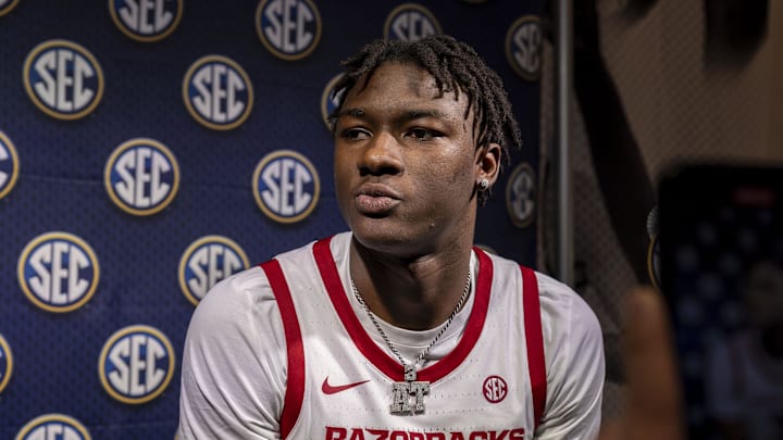 Oct 15, 2024; Birmingham, AL, USA; Arkansas Razorbacks forward Adou Thiero talks with the media during SEC Media Days at Grand Bohemian Hotel. Mandatory Credit: Vasha Hunt-Imagn Images Oct 15, 2024; Birmingham, AL, USA; Arkansas Razorbacks forward Adou Thiero talks with the media during SEC Media Days at Grand Bohemian Hotel. Mandatory Credit: Vasha Hunt-Imagn Images