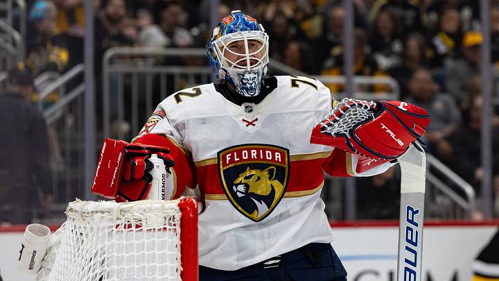 Apr 4, 2026; Pittsburgh, Pennsylvania, USA; Florida Panthers goalie Sergei Bobrovsky (72) looks on against the Pittsburgh Penguins during the first period at PPG Paints Arena. Mandatory Credit: Mark Alberti-Imagn Images