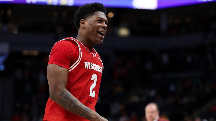 Mar 15, 2024; Minneapolis, MN, USA; Wisconsin Badgers guard AJ Storr (2) celebrates the win against the Northwestern Wildcats after the game at Target Center. Mandatory Credit: Matt Krohn-USA TODAY Sports