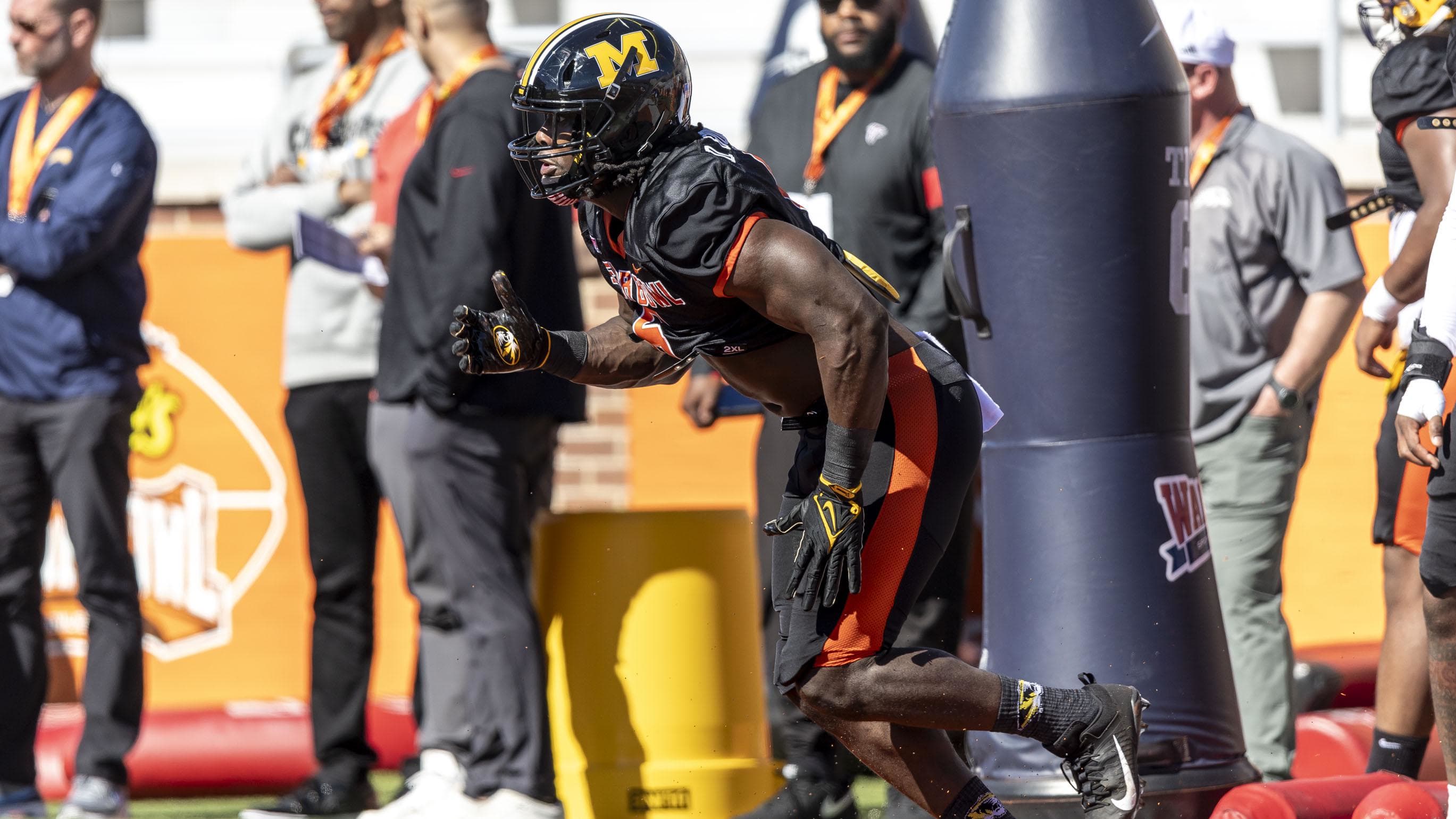 American defensive lineman Darius Robinson of Missouri (6).