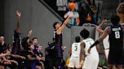 Jan 19, 2025; Waco, Texas, USA;  TCU Horned Frogs guard Brendan Wenzel (0) attempts a three-point basket against the Baylor Bears during the second half at Paul and Alejandra Foster Pavilion. Mandatory Credit: Chris Jones-Imagn Images