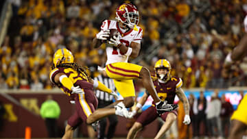 Oct 5, 2024; Minneapolis, Minnesota, USA; USC Trojans wide receiver Kyron Hudson (10) catches a pass during the second half against the Minnesota Golden Gophers at Huntington Bank Stadium. Mandatory Credit: Matt Krohn-Imagn Images