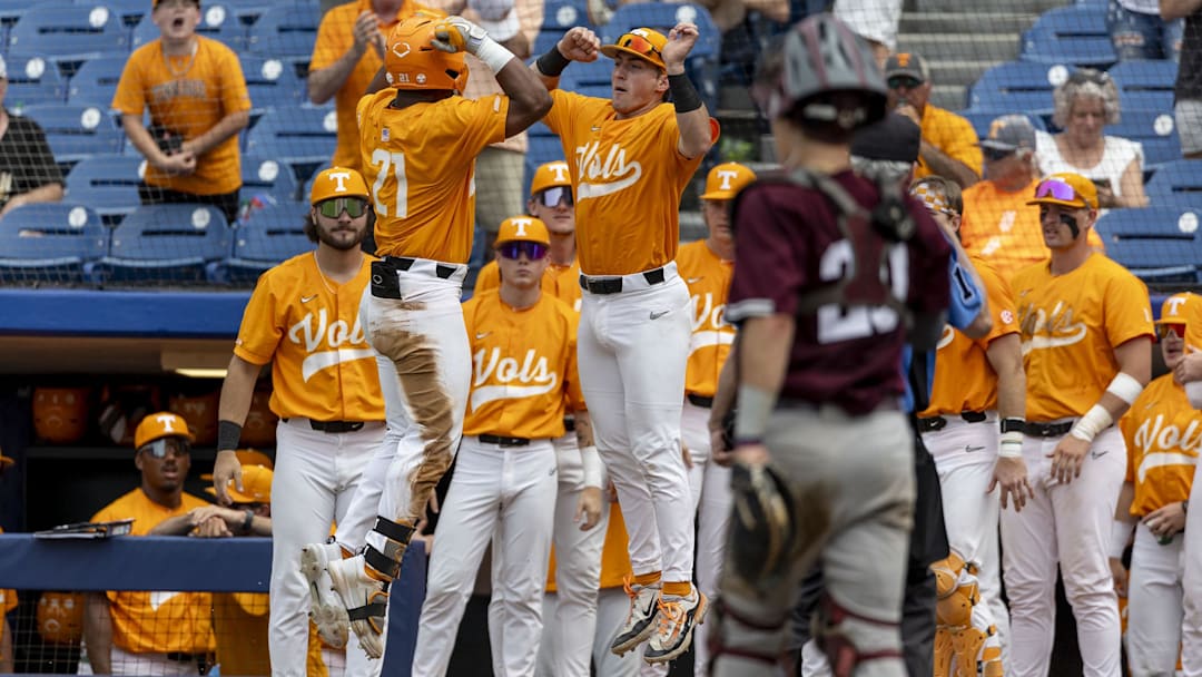 May 23, 2024; Hoover, AL, USA; Tennessee Volunteers outfielder Kavares Tears (21) celebrates his three-run home run with teammates during a game against the Texas A&M Aggies at the SEC Baseball Tournament at Hoover Metropolitan Stadium. Mandatory Credit: Vasha Hunt-USA TODAY Sports May 23, 2024; Hoover, AL, USA; Tennessee Volunteers outfielder Kavares Tears (21) celebrates his three-run home run with teammates during a game against the Texas A&M Aggies at the SEC Baseball Tournament at Hoover Metropolitan Stadium. Mandatory Credit: Vasha Hunt-USA TODAY Sports
