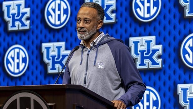 Kentucky Wildcats head coach Kenny Brooks talks with the media during SEC Media Days at Grand Bohemian Hotel. 