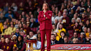 Jan 3, 2024; Minneapolis, Minnesota, USA; Minnesota Golden Gophers head coach Dawn Plitzuweit looks on during the first half against the Maryland Terrapins at Williams Arena. Mandatory Credit: Matt Krohn-Imagn Images