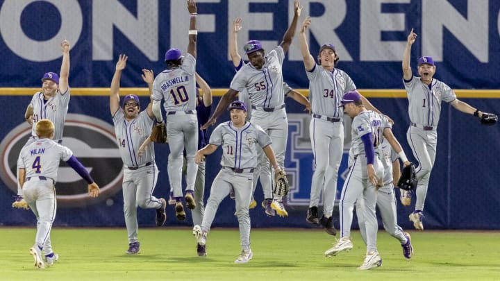 May 23, 2024; Hoover, AL, USA; The LSU Tigers celebrate a 11-10 win over the South Carolina Gamecocks during the SEC Baseball Tournament at Hoover Metropolitan Stadium. Mandatory Credit: Vasha Hunt-USA TODAY Sports