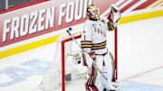 Apr 11, 2024; Saint Paul, Minnesota, USA; Boston College Eagles goaltender Jacob Fowler (1) celebrates the win against the Michigan Wolverines after the semifinals of the 2024 Frozen Four college ice hockey tournament at Xcel Energy Center. Mandatory Credit: Matt Krohn-Imagn Images