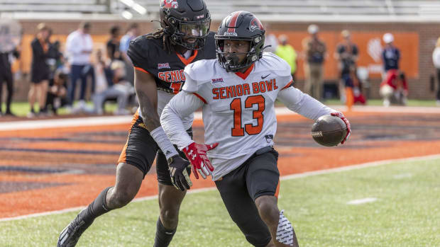 Feb 1, 2024; Mobile, AL, USA; American wide receiver Ryan Flournoy of Southeast Missouri (13) turns to the end zone after a pass catch during Senior Bowl practice.