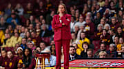 Jan 3, 2024; Minneapolis, Minnesota, USA; Minnesota Golden Gophers head coach Dawn Plitzuweit looks on during the first half against the Maryland Terrapins at Williams Arena. Mandatory Credit: Matt Krohn-Imagn Images