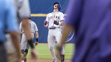 May 25, 2024; Hoover, AL, USA; LSU Tigers outfielder Ethan Frey (33) celebrates ninth inning double against the South Carolina Gamecocks during the SEC Baseball Tournament at Hoover Metropolitan Stadium. Mandatory Credit: Vasha Hunt-Imagn Images