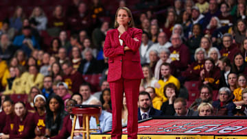 Jan 3, 2024; Minneapolis, Minnesota, USA; Minnesota Golden Gophers head coach Dawn Plitzuweit looks on during the first half against the Maryland Terrapins at Williams Arena. Mandatory Credit: Matt Krohn-Imagn Images