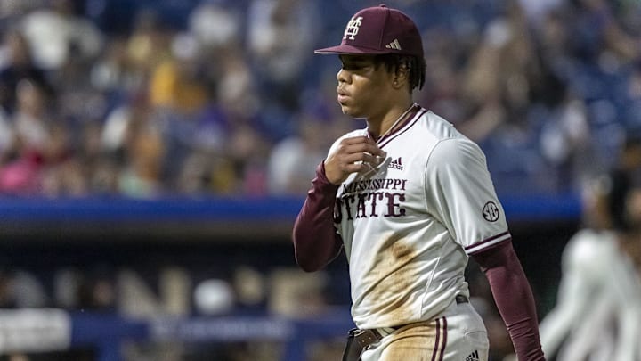 Mississippi State pitcher Jurrangelo Cijntje leaves the mound during an SEC Tournament game against Vanderbilt on May 23, 2024, at Hoover Metropolitan Stadium.