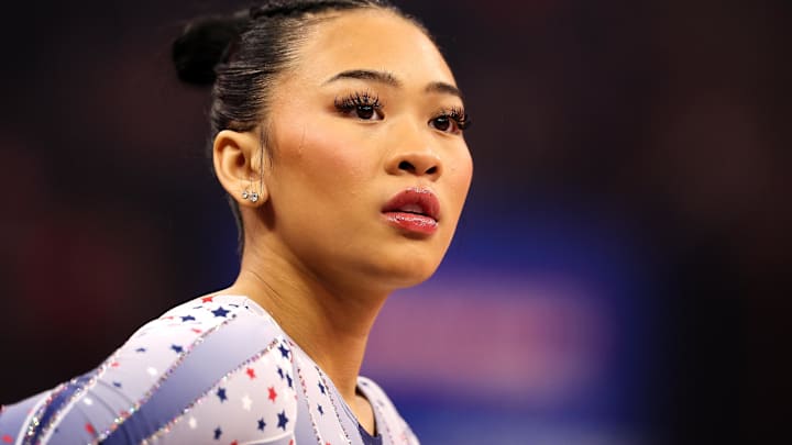 Sunisa Lee looks on prior to the U.S. Olympic Team Gymnastics Trials at Target Center.