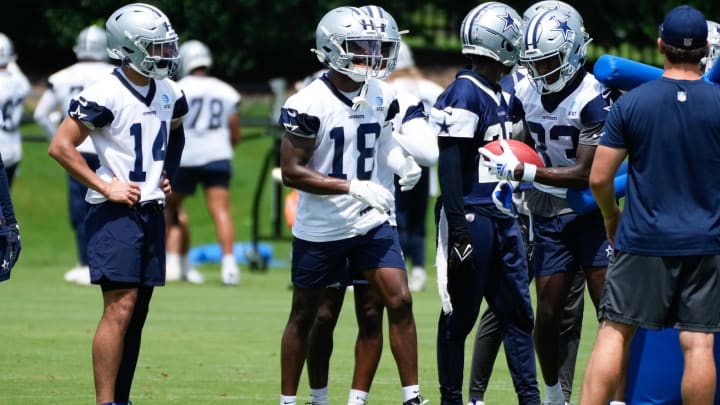 Jun 5, 2024; Frisco, TX, USA;  Dallas Cowboys wide receiver Ryan Flournoy (18) goes through a drill during practice at the Ford Center at the Star Training Facility in Frisco, Texas. 