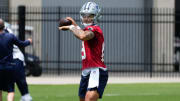 Jun 5, 2024; Frisco, TX, USA;  Dallas Cowboys quarterback Trey Lance (19) goes through a drill during practice at the Ford Center at the Star Training Facility in Frisco, Texas. Mandatory Credit: Chris Jones-USA TODAY Sports