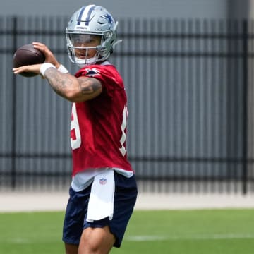 Jun 5, 2024; Frisco, TX, USA;  Dallas Cowboys quarterback Trey Lance (19) goes through a drill during practice at the Ford Center at the Star Training Facility in Frisco, Texas. Mandatory Credit: Chris Jones-USA TODAY Sports