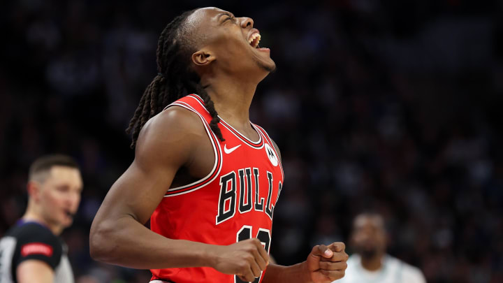 Mar 31, 2024; Minneapolis, Minnesota, USA; Chicago Bulls guard Ayo Dosunmu (12) celebrates during the second half against the Minnesota Timberwolves at Target Center. Mandatory Credit: Matt Krohn-USA TODAY Sports