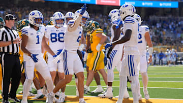 Chase Roberts celebrates a touchdown against Baylor.