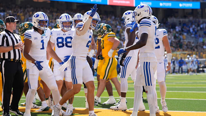 Chase Roberts celebrates a touchdown against Baylor.
