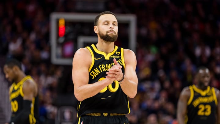 Feb 14, 2024; San Francisco, California, USA; Golden State Warriors guard Stephen Curry (30) reacts after missing a shot against the LA Clippers during the second half at Chase Center. 