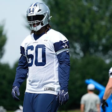 Dallas Cowboys tackle Tyler Guyton goes through a drill during practice at the Ford Center at the Star Training Facility.