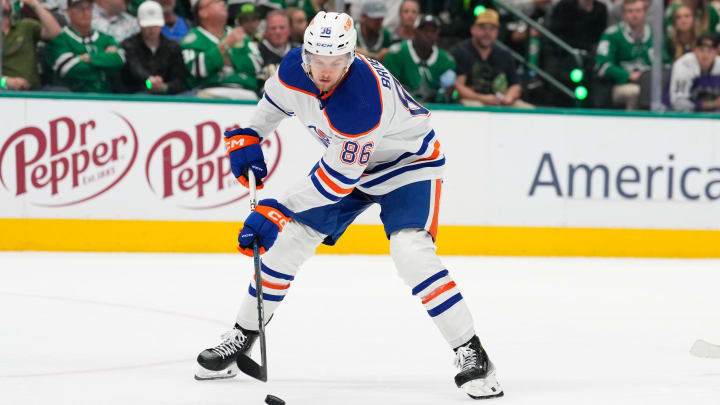 May 31, 2024; Dallas, Texas, USA; Edmonton Oilers defenseman Philip Broberg (86) in action against the Dallas Stars during the second period between the Dallas Stars and the Edmonton Oilers in game five of the Western Conference Final of the 2024 Stanley Cup Playoffs at American Airlines Center. Mandatory Credit: Chris Jones-USA TODAY Sports