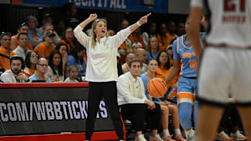 Mar 25, 2024; Raleigh, North Carolina, USA; Tennessee Lady Vols head coach Kellie Harper calls out a play in the second round of the 2024 NCAA Women's Tournament at James T. Valvano Arena at William Neal Reynolds. Mandatory Credit: William Howard-Imagn Images