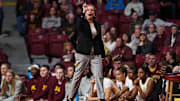 Minnesota coach Dawn Plitzuweit reacts during the first half against Penn State at Williams Arena in Minneapolis on Jan. 31, 2024.