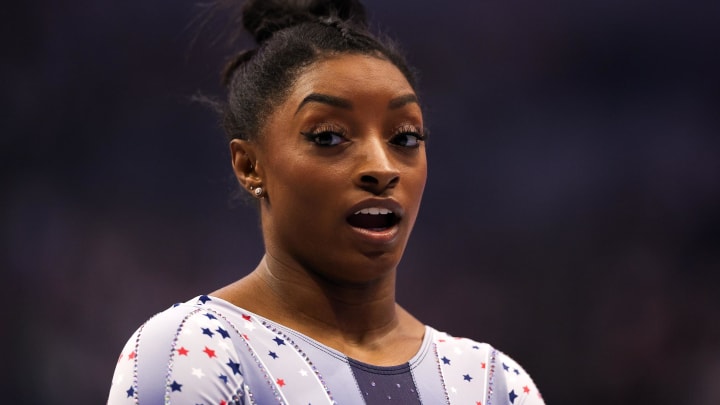 Simone Biles reacts before her beam routine during the U.S. Olympic Team Gymnastics Trials at Target Center. Matt Krohn-USA TODAY Sports