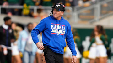 Nov 30, 2024; Waco, Texas, USA;  Kansas Jayhawks head coach Lance Leipold reacts during the first half against the Baylor Bears at McLane Stadium. Mandatory Credit: Chris Jones-Imagn Images