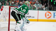 May 31, 2024; Dallas, Texas, USA; Dallas Stars goaltender Jake Oettinger (29) faces the Edmonton attack during the first period between the Dallas Stars and the Edmonton Oilers in game five of the Western Conference Final of the 2024 Stanley Cup Playoffs at American Airlines Center. Mandatory Credit: Chris Jones-Imagn Images