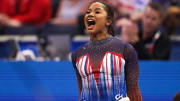 Jun 30, 2024; Minneapolis, Minnesota, USA; Jordan Chiles celebrates during the U.S. Olympic Team Gymnastics Trials at Target Center. Mandatory Credit: Matt Krohn-USA TODAY Sports