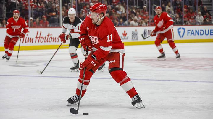 Nov 29, 2024; Detroit, Michigan, USA; Detroit Red Wings right wing Vladimir Tarasenko (11) handles the puck during the second period against the New Jersey Devils at Little Caesars Arena. Mandatory Credit: Brian Bradshaw Sevald-Imagn Images