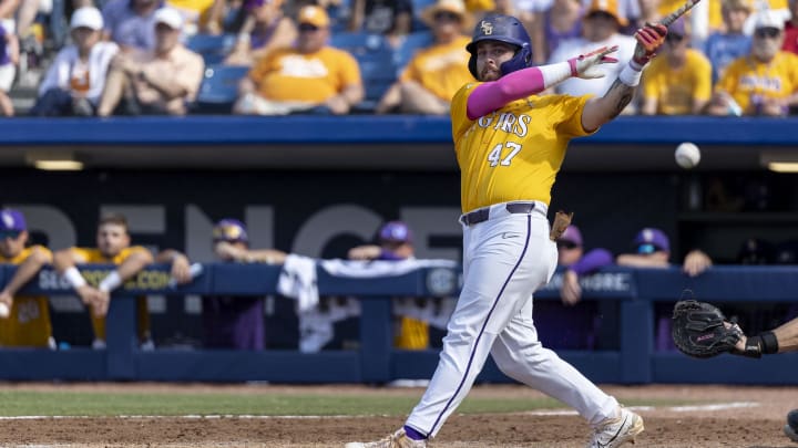 May 26, 2024; Hoover, AL, USA; LSU Tigers infielder Tommy White (47) fouls off a pitch against the Tennessee Volunteers during the championship game between Tennessee and LSU at the SEC Baseball Tournament at Hoover Metropolitan Stadium. Mandatory Credit: Vasha Hunt-USA TODAY Sports