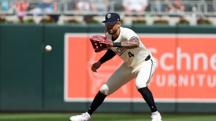 Apr 10, 2024; Minneapolis, Minnesota, USA; Minnesota Twins shortstop Carlos Correa (4) fields the Apr 10, 2024; Minneapolis, Minnesota, USA; Minnesota Twins shortstop Carlos Correa (4) fields the