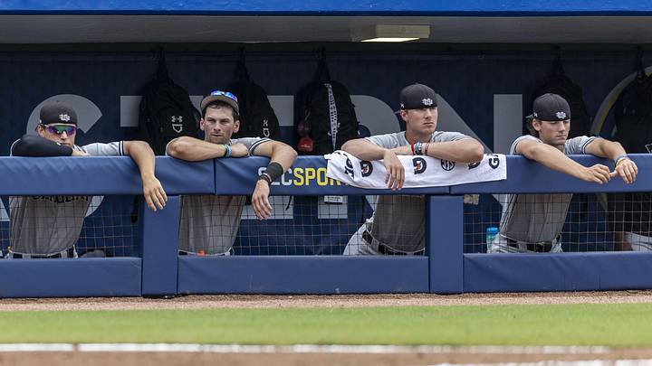May 25, 2024; Hoover, AL, USA; South Carolina Gamecocks players watch from the dugout in the tenth inning against the LSU Tigers during the SEC Baseball Tournament at Hoover Metropolitan Stadium. Mandatory Credit: Vasha Hunt-Imagn Images