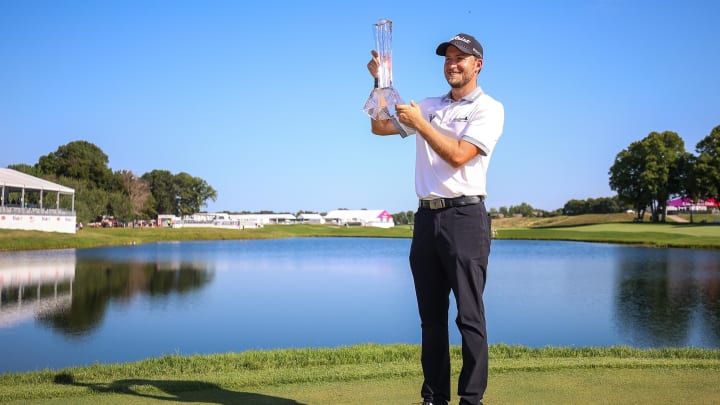 Jul 30, 2023; Blaine, Minnesota, USA; Lee Hodges celebrates the win during the final round of the 3M Open golf tournament. Mandatory Credit: Matt Krohn-USA TODAY Sports