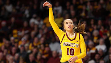 Jan 14, 2024; Minneapolis, Minnesota, USA; Minnesota Golden Gophers guard Mara Braun (10) reacts to her shot against the Nebraska Cornhuskers during the first half at Williams Arena. Mandatory Credit: Matt Krohn-Imagn Images