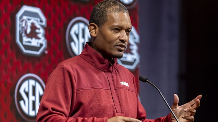 Oct 15, 2024; Birmingham, AL, USA; South Carolina Gamecocks head coach Lamont Paris talks with the media during SEC Media Days at Grand Bohemian Hotel. Mandatory Credit: Vasha Hunt-Imagn Images