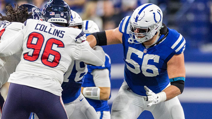 Jan 8, 2023; Indianapolis, Indiana, USA; Indianapolis Colts guard Quenton Nelson (56) in the first half against the Houston Texans at Lucas Oil Stadium. Mandatory Credit: Trevor Ruszkowski-Imagn Images