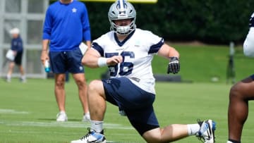 Jun 5, 2024; Frisco, TX, USA;  Dallas Cowboys center Cooper Beebe (56) goes through a drill during practice at the Ford Center at the Star Training Facility in Frisco, Texas. 