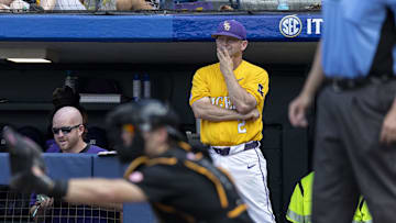 May 26, 2024; Hoover, AL, USA; LSU Tigers head coach Jay Johnson watches the game during the championship game between Tennessee and LSU at the SEC Baseball Tournament at Hoover Metropolitan Stadium. Mandatory Credit: Vasha Hunt-Imagn Images