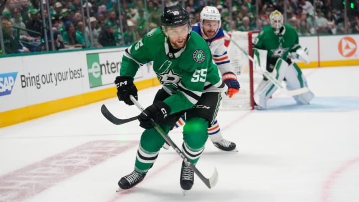 May 31, 2024; Dallas, Texas, USA; Dallas Stars defenseman Thomas Harley (55) in action against the Edmonton Oilers during the first period between the Dallas Stars and the Edmonton Oilers in game five of the Western Conference Final of the 2024 Stanley Cup Playoffs at American Airlines Center. Mandatory Credit: Chris Jones-USA TODAY Sports