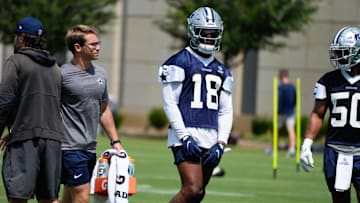 Jun 5, 2024; Frisco, TX, USA;  Dallas Cowboys linebacker Damone Clark (18) goes through a drill during practice at the Ford Center at the Star Training Facility in Frisco, Texas. Mandatory Credit: Chris Jones-Imagn Images