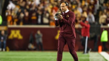 Oct 7, 2023; Minneapolis, Minnesota, USA; Minnesota Golden Gophers head coach P.J. Fleck looks on during the second quarter against the Michigan Wolverines at Huntington Bank Stadium.