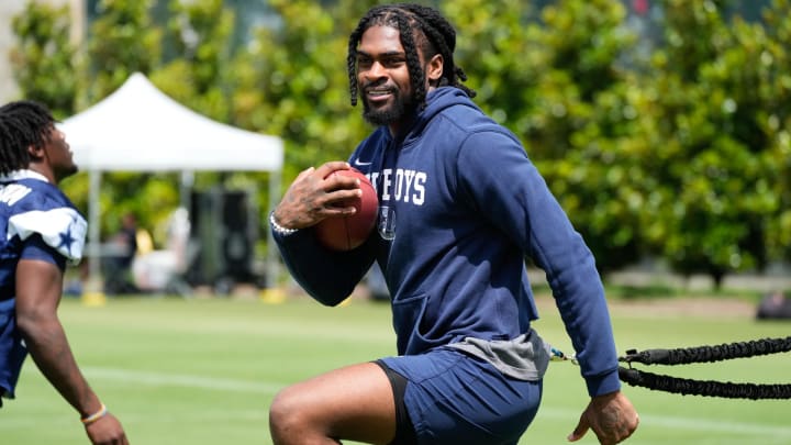 Jun 5, 2024; Frisco, TX, USA;  Dallas Cowboys cornerback Trevon Diggs (7) goes through a drill during practice at the Ford Center at the Star Training Facility in Frisco, Texas. 